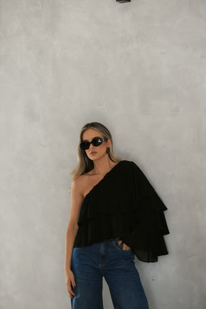 BLUSA 1 OMBRO CHIFFON TM PRETA