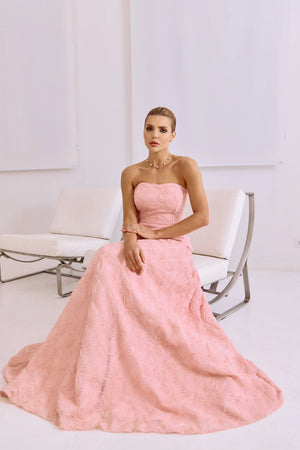VESTIDO LONGO TULE BORDADO ROSA
