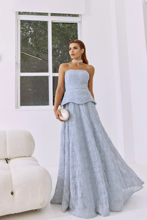 VESTIDO LONGO TULE BORDADO AZUL
