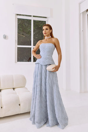 VESTIDO LONGO TULE BORDADO AZUL