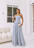 VESTIDO LONGO TULE BORDADO AZUL